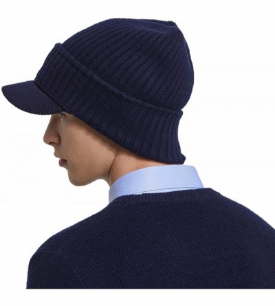 Skullies & Beanies Men's Soild 100% Australian Merino Wool Knit Visor Beanie Hat with Visor Warm Skull Caps Headwear - Navy -...
