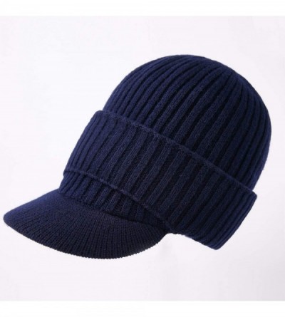 Skullies & Beanies Men's Soild 100% Australian Merino Wool Knit Visor Beanie Hat with Visor Warm Skull Caps Headwear - Navy -...