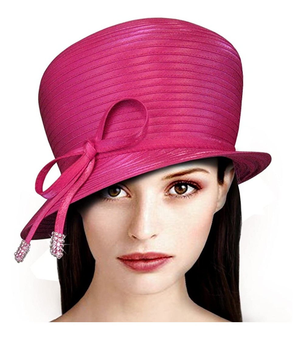 Bucket Hats Bubble Cloche Hat with Rhinestone Knot Bow - Q32 - Fuchsia Pink - CU11IZKDS3P $39.98