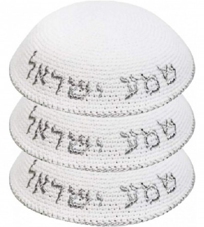 Skullies & Beanies Knitted White & Silver Shema Israel Yarmulke Kippah 16 cm Diameter - CN195AW9QW2 $14.71