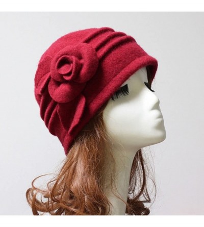 Berets Women 100% Wool Solid Color Round Top Cloche Beret Cap Flower Fedora Hat - 4 Dark Red - CZ186WYCGET $33.74