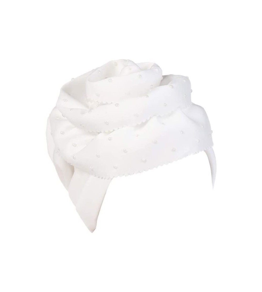 Skullies & Beanies Fashion Women Floral Beading Keep Warm Solid Hat Beanie Turban Head Wrap Cap - White - CS18NIDL3UC $8.53