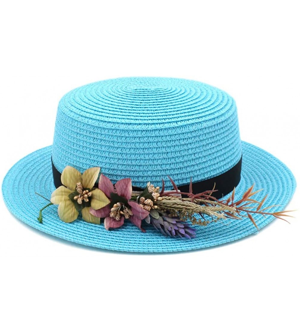 Sun Hats Women Straw Boater Hat Summer Beach Sun Sailor Bowler Cap w/Flower Hatband - Sky Blue - CL18TH3QE5O $10.02