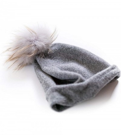 Skullies & Beanies Women's Winter 100% Pure Cashmere Beanie hat with Detachable Real Fur Pompom - Grey - CN1939LX5QG $54.23