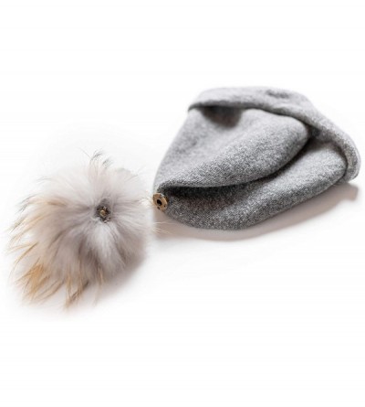Skullies & Beanies Women's Winter 100% Pure Cashmere Beanie hat with Detachable Real Fur Pompom - Grey - CN1939LX5QG $54.23