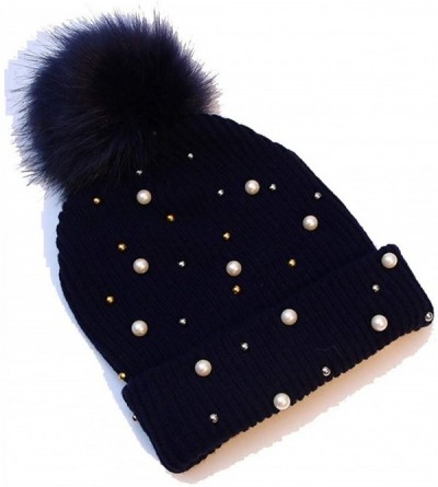 Skullies & Beanies Knitted Hats Beanie Hat Beading Beanie Warm Soft Casual Beanies Hats with Pompom - Black - CX1920QOOQC $45.71
