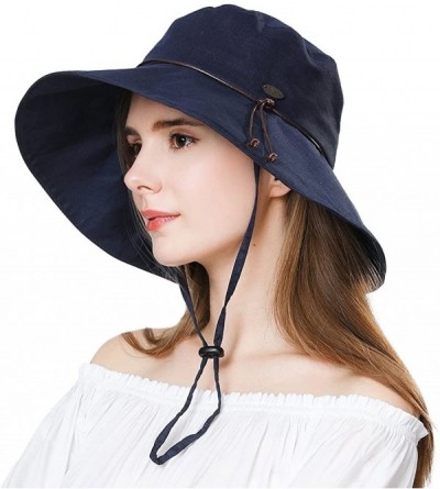 Sun Hats Womens 100% Cotton Bucket Sun Hat UPF 50 Chin Strap Adjustable Packable Wide Brim - 99024navy - CE18RCYZ02U $43.04