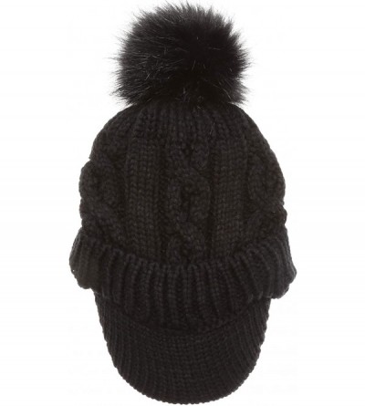 Skullies & Beanies Women's Winter Warm Cable Knitted Visor Brim Pom Pom Beanie Hat with Soft Sherpa Lining. - Black - Black P...