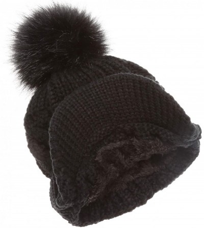 Skullies & Beanies Women's Winter Warm Cable Knitted Visor Brim Pom Pom Beanie Hat with Soft Sherpa Lining. - Black - Black P...