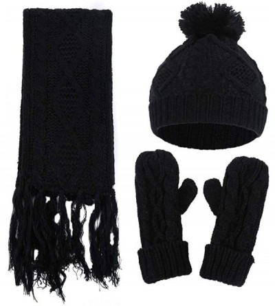 Skullies & Beanies Hat Scarf Gloves 3pcs Sets Autumn Winter Women's Hat Caps Knitted Warm Scarf - Black - C318L7GTM8D $30.47