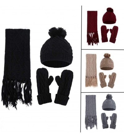 Skullies & Beanies Hat Scarf Gloves 3pcs Sets Autumn Winter Women's Hat Caps Knitted Warm Scarf - Black - C318L7GTM8D $13.23