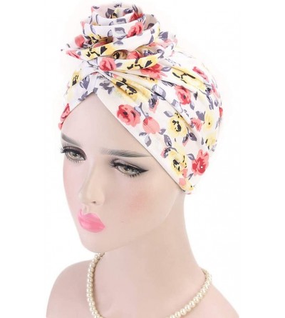 Skullies & Beanies ❤Newest Beautiful Women India Muslim Stretch Turban Hat Retro Print Hair Loss Head Scarf Wrap (White) - Wh...