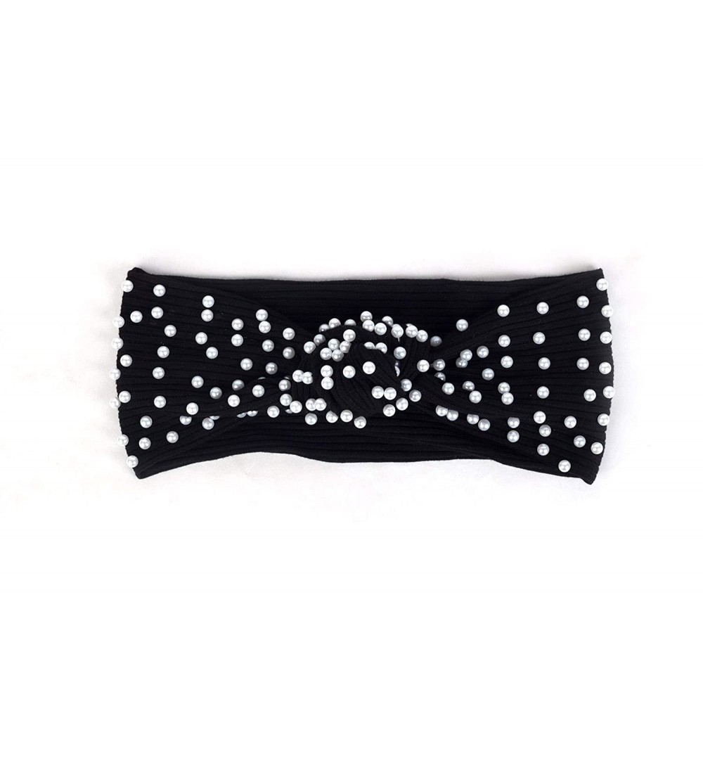 Headbands Women's Pearl Studded Ribbed Knotted Headband (Black White) - Black White - CA18ZDXXH7S $17.58