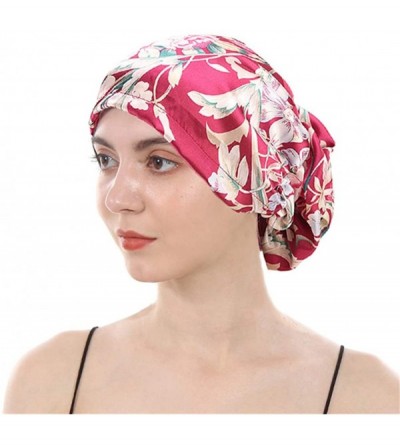 Skullies & Beanies Women's Satin Flower Elastic Band Turban Beanie Wrap Chemo Cap Hair Loss Hat - Wine - CG18MCI87KT $21.53