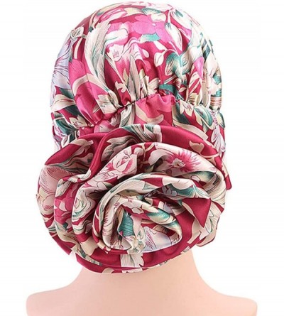 Skullies & Beanies Women's Satin Flower Elastic Band Turban Beanie Wrap Chemo Cap Hair Loss Hat - Wine - CG18MCI87KT $18.81