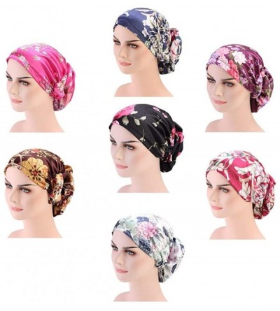 Skullies & Beanies Women's Satin Flower Elastic Band Turban Beanie Wrap Chemo Cap Hair Loss Hat - Wine - CG18MCI87KT $18.81