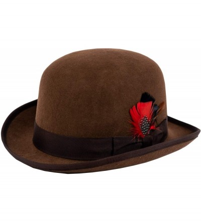 Fedoras Men's 100% Wool Felt Derby Bowler with Removable Feather Fedora Hats - Brown - C518XK8278X $24.61