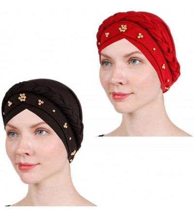 Skullies & Beanies 1 Pack / 2 Packs / 4 Packs Women Turban Twisted Beaded Braid Chemical Cancer Headscarf Cap Hair Covered Wr...