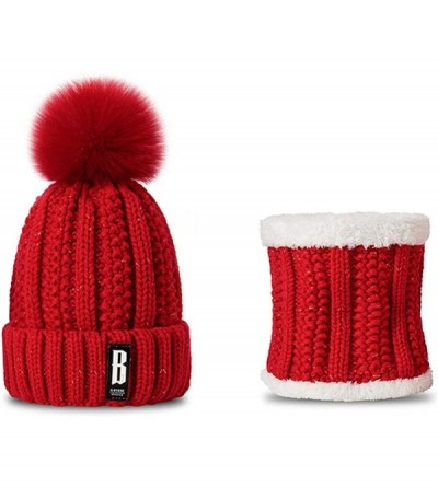 Skullies & Beanies Winter Hat Scarf Or Gloves Set for Women Girls Warm Knitted Beanie Hats Pom Pom Hat - Hat+ Scarf （red） - C...