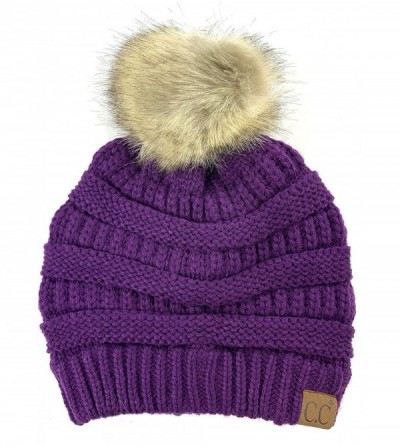 Skullies & Beanies Soft Stretch Cable Knit Ribbed Faux Fur Pom Pom Beanie Hat - Purple - C612JSM8RWF $11.81