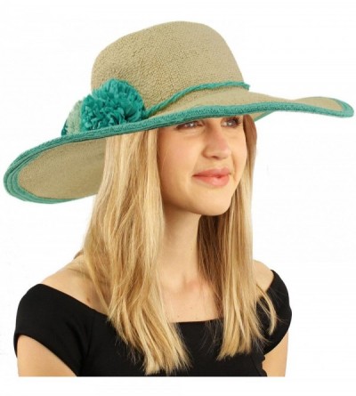 Sun Hats 2tone Ruffle Pom Poms Floppy Wide Brim Summer Derby Dressy Sun Hat - Mint - CL18D38DMNW $14.64