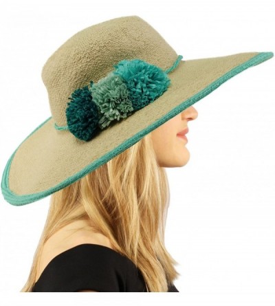 Sun Hats 2tone Ruffle Pom Poms Floppy Wide Brim Summer Derby Dressy Sun Hat - Mint - CL18D38DMNW $14.64