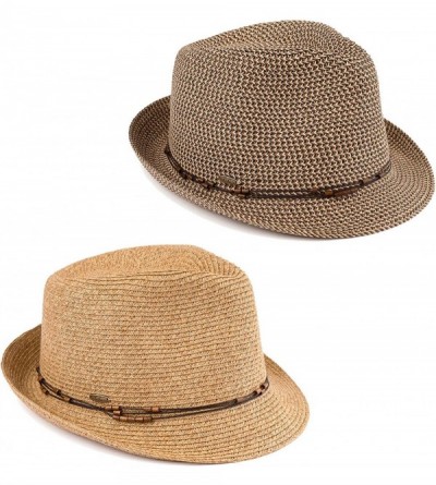 Fedoras UPF50+ Adjustable Multicolor Woven Pattern Short Brim Fedora Hat - 2 Pack - Brown & Natural Multi W/ Beaded Ropes - C...