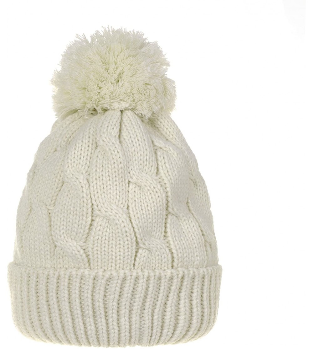 Skullies & Beanies Knitted Twisted Cable Bobble Pom Beanie Hat Slouchy AC5474 - White - CE12N9J6YYU $15.47