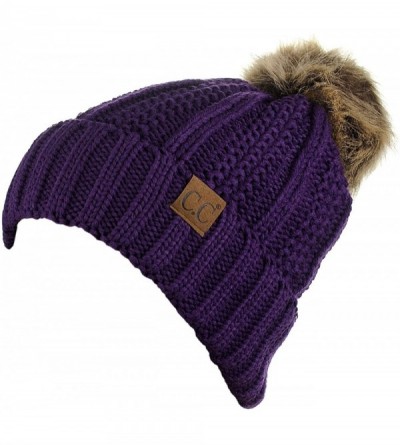 Skullies & Beanies Thick Cable Knit Faux Fuzzy Fur Pom Fleece Lined Skull Cap Cuff Beanie - Purple - C7185IOQ053 $15.45