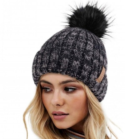 Skullies & Beanies Womens Winter Knitted Beanie Hat with Faux Fur Pom Fleece Lined Warm Beanie for Women - 13-black Gray - CJ...