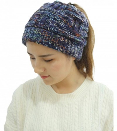 Skullies & Beanies Women's Ponytail Beanie Tail Soft Stretch Cable Cap Knit Messy Bun Hat for Winter - Navy - CK18ZUO5LAT $10.25