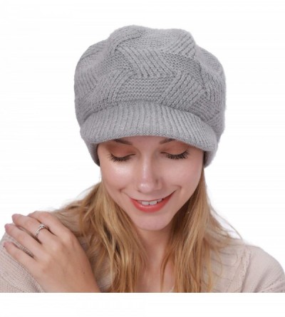 Skullies & Beanies Women Winter Warm Hat Slouchy Cable Knit Visor Crochet Beanie Hats Snow Ski Skull Cap with Brim Grey - CX1...