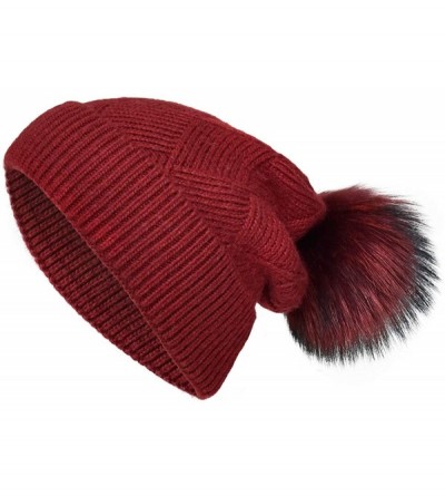 Skullies & Beanies Womens Knit Winter Beanie Hat Fur Pom Pom Cuff Warm Beanies Bobble Ski Cap - Red+red Racoon Pom Pom - C218...