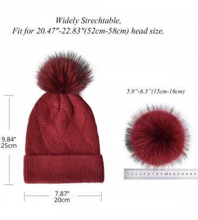 Skullies & Beanies Womens Knit Winter Beanie Hat Fur Pom Pom Cuff Warm Beanies Bobble Ski Cap - Red+red Racoon Pom Pom - C218...