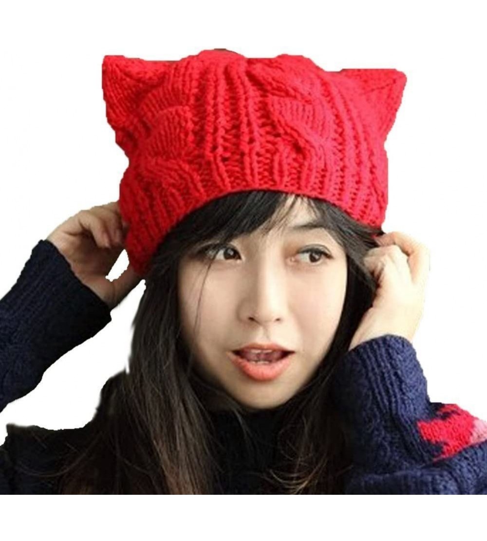 Berets Women Winter Wool Baggy Beret Beanie Cute Devil Cat Ear Crochet Braided Knit Hat Ski Cap - Red - C512L55UTQF $12.74