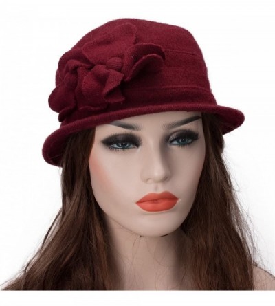 Bucket Hats Solid Color Retro Womens 100% Wool Flower Dress Cloche Bucket Cap Hat A218 - Wine - CT11NF57O7L $10.81