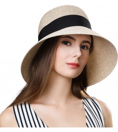 Bucket Hats Packable UPF Straw Sunhat Women Summer Beach Wide Brim Fedora Travel Hat 54-59CM - 69087_beige (2pcs) - C718R346O...
