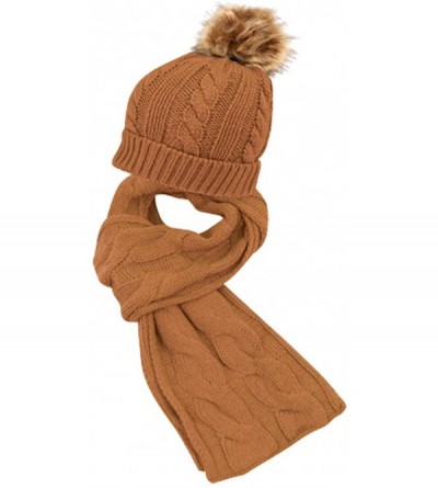 Skullies & Beanies Unisex Winter Warm Cable Knit Scarf with complementing Pompom Slouchy Beanie - Rust - CL120QGJNP7 $17.78
