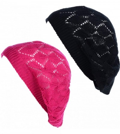 Berets Chic Parisian Style Soft Lightweight Crochet Cutout Knit Beret Beanie Hat - 2-pack Leafy Fuchsia & Black - CU18EOQ88OK...