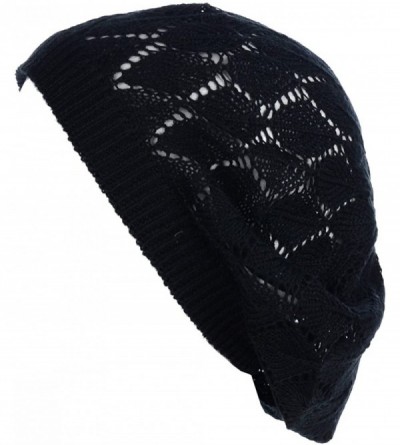 Berets Chic Parisian Style Soft Lightweight Crochet Cutout Knit Beret Beanie Hat - 2-pack Leafy Fuchsia & Black - CU18EOQ88OK...