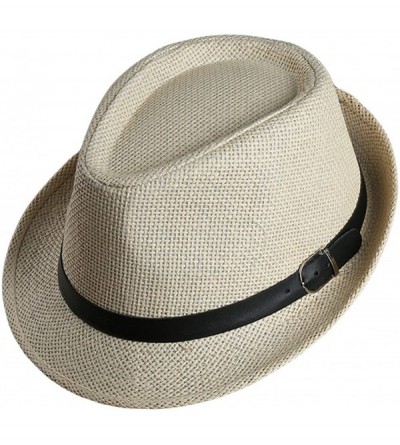 Fedoras Men Women Straw Trilby Hat Fedora Short Upturn Brim FFH391BE1 - Ffh392 Beige 1 (Belt Decoration) - CB187HU2DOA $14.75
