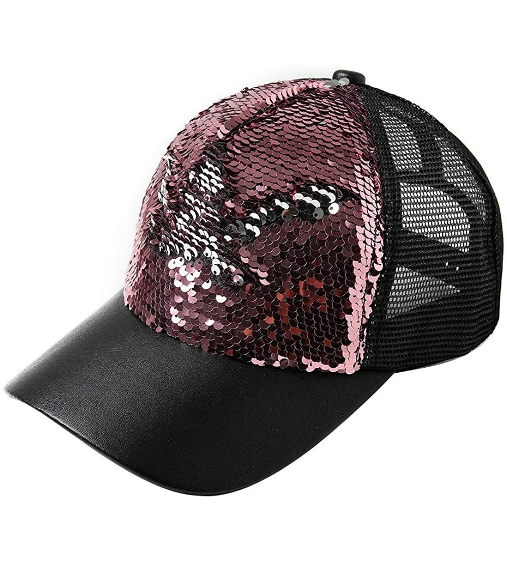 Balaclavas Women Adjustable Sequin Bling Tennis Baseball Cap Sun Cap Hat - Pink - CB193XTYKUA $15.07