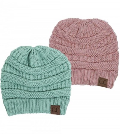 Skullies & Beanies Solid Ribbed Beanie Slouchy Soft Stretch Cable Knit Warm Skull Cap - 2 Pack - Mint & Indi Pink - CP18KKL5X...