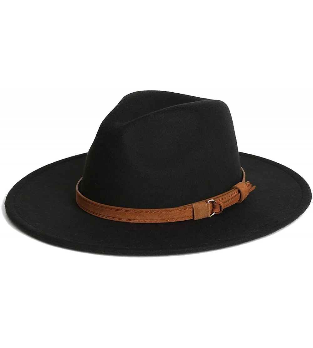 Fedoras Dantiya Men & Women Vintage Wide Brim Wool Fedora Panama Hat with Belt Buckle - Black - CY1922GODD2 $28.61