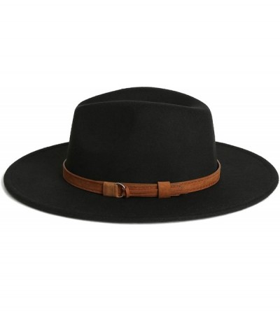 Fedoras Dantiya Men & Women Vintage Wide Brim Wool Fedora Panama Hat with Belt Buckle - Black - CY1922GODD2 $28.61