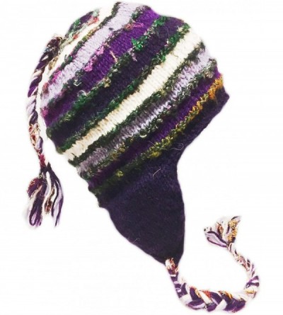 Skullies & Beanies Nepal Hand Knit Sherpa Hat with Ear Flaps- Trapper Ski Heavy Wool Fleeced Lined Cap - Purple & White - CY1...