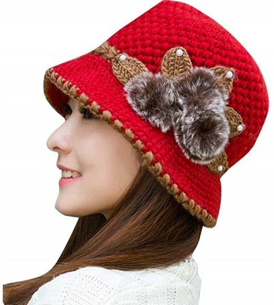Berets Womens 1920s Winter Warm Cap Beret Beanie Cloche Bucket Hat Crochet Knitted Flowers Ears Hat - Red - C518LQ9L97E $19.68