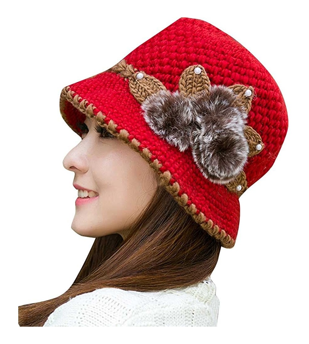 Berets Womens 1920s Winter Warm Cap Beret Beanie Cloche Bucket Hat Crochet Knitted Flowers Ears Hat - Red - C518LQ9L97E $12.43