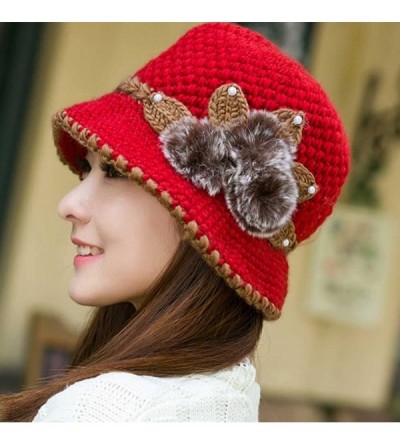 Berets Womens 1920s Winter Warm Cap Beret Beanie Cloche Bucket Hat Crochet Knitted Flowers Ears Hat - Red - C518LQ9L97E $12.43