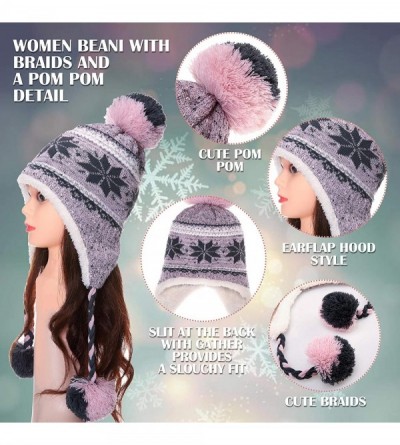 Skullies & Beanies Women Girl Winter Knit Beanie Soft Warm Fleece Lining Pompoms Hats Snow Ski Cap - Pink With Braid - CL192H...